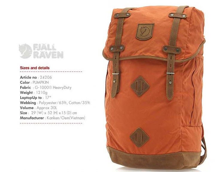 Fjallraven - NO.21 size ใหญ่ Large สีส้มเข้ม (Pumpkin)